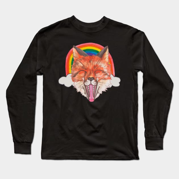 Fox face with rainbow and clouds Long Sleeve T-Shirt by deadblackpony